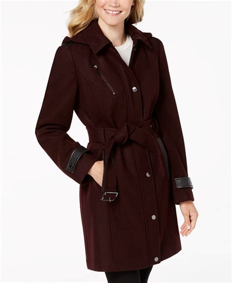 michael kors faux leather trim belted coat